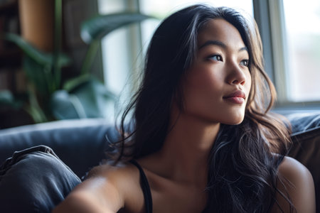 Young Asian woman relaxing at homeの素材