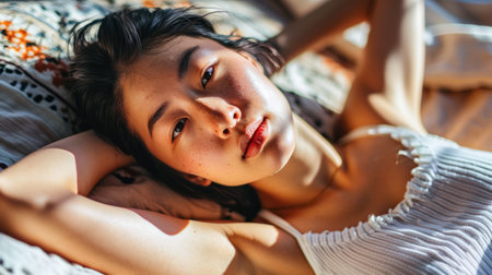 Young Asian woman relaxing at homeの素材