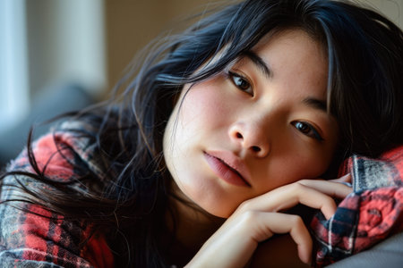 Young Asian woman relaxing at homeの素材