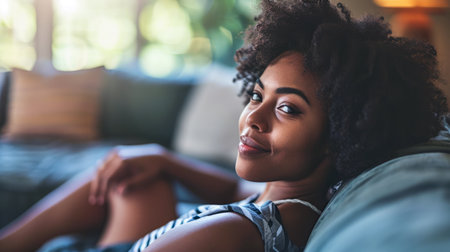 Young African American woman relaxing at homeの素材
