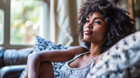 Young African American woman relaxing at homeの素材