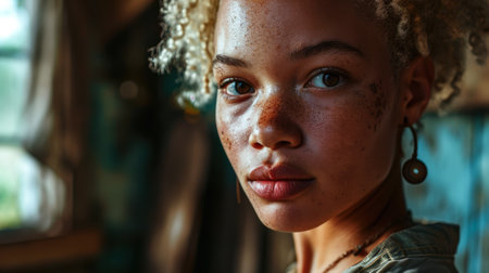 Young African American woman at homeの素材