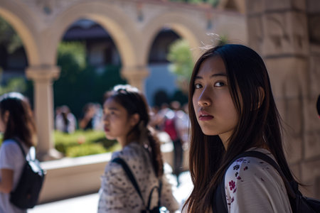 Group of young diverse women at their study place. Representing the diversity at the campus.の素材