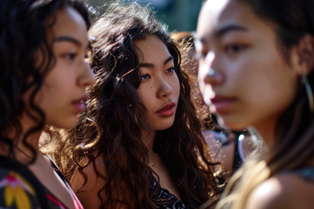 Group of young diverse women at their study place. Representing the diversity at the campus.の素材