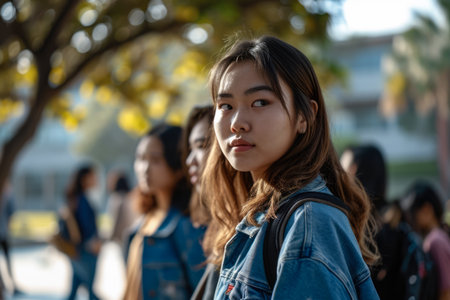 Group of young diverse women at their study place. Representing the diversity at the campus.の素材