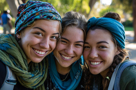 Group of young diverse women at their study place. Representing the diversity at the campus.の素材