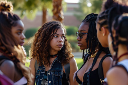 Group of young diverse women at their study place. Representing the diversity at the campus.の素材
