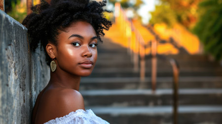Young dark skinned woman sitting on stairs taking a brakeの素材