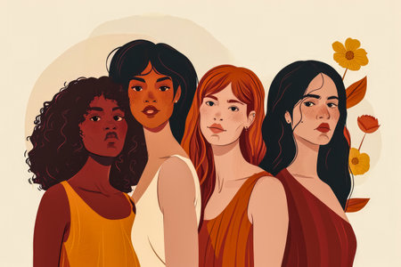 Modern illustration of women in harmony enjoying their diversityの素材