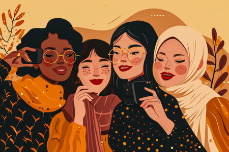 Modern illustration of women in harmony enjoying their diversityの素材