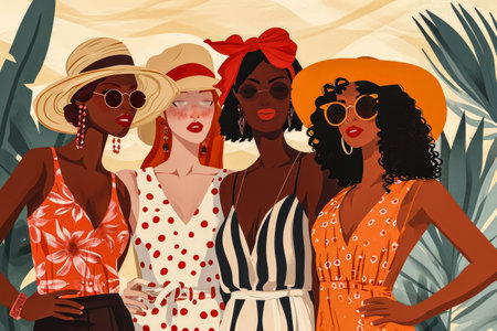 Modern illustration of women in harmony enjoying their diversityの素材