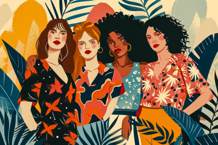 Modern illustration of women in harmony enjoying their diversityの素材