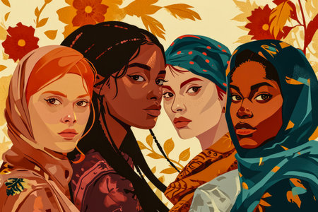 Modern illustration of women in harmony enjoying their diversityの素材