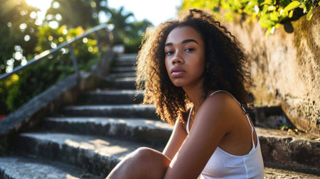 Young dark skinned woman sitting on stairs taking a brakeの素材