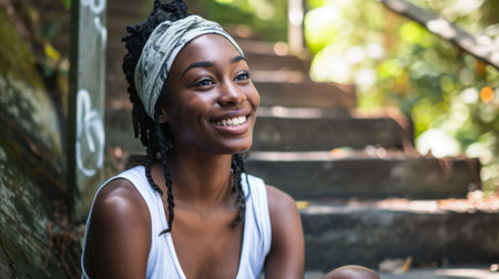 Young dark skinned woman sitting on stairs taking a brakeの素材
