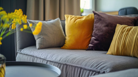 Contemporary living room with natural light and plant decorの素材