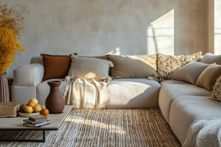 Contemporary living room with natural light and plant decorの素材