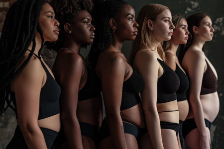Young diverse group of women wearing underwear. Concept image representing diversity and self acceptanceの素材