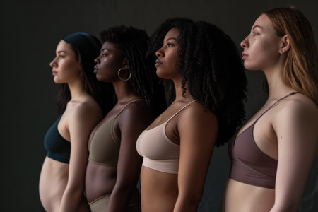 Young diverse group of women wearing underwear. Concept image representing diversity and self acceptanceの素材