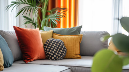 Contemporary living room with natural light and plant decorの素材