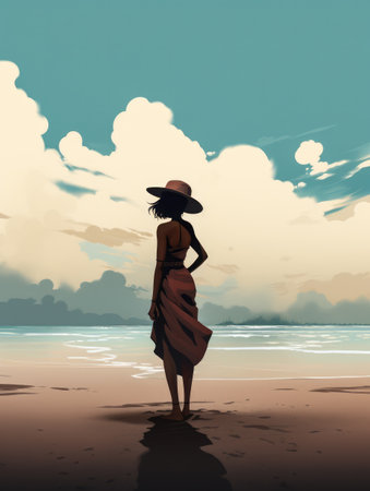 Illustration of an African American woman at the beachの素材