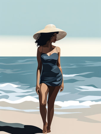 Illustration of an African American woman at the beachの素材