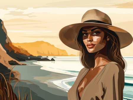 Illustration of an African American woman at the beachの素材