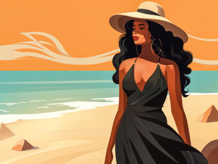 Illustration of an African American woman at the beachの素材