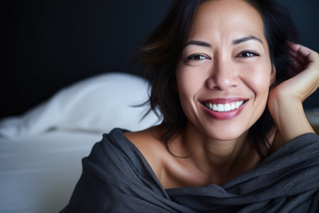 Smiling Asian woman at her home with a positive moodの素材