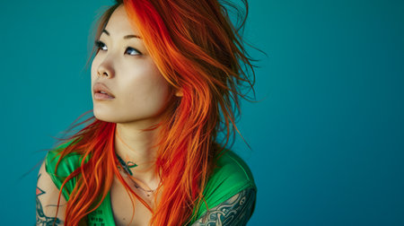 Vibrant young Asian woman with striking red hairの素材