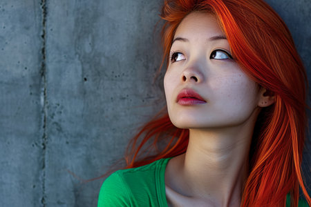 Vibrant young Asian woman with striking red hairの素材