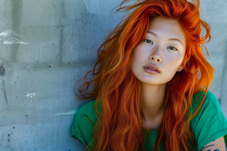 Vibrant young Asian woman with striking red hairの素材