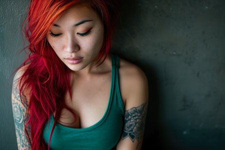 Vibrant young Asian woman with striking red hairの素材