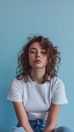 Young woman posing in front of clean background.Copyspace for text.の素材