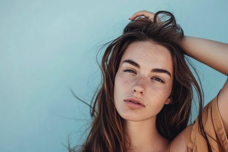 Young woman posing in front of clean background.Copyspace for text.の素材