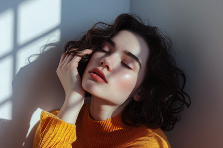 Young woman posing in front of clean background.Copyspace for text.の素材