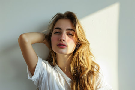 Young woman posing in front of clean background.Copyspace for text.の素材