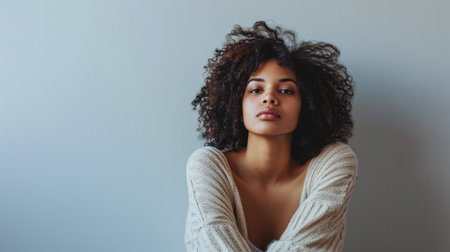 Young woman posing in front of clean background.Copyspace for text.の素材