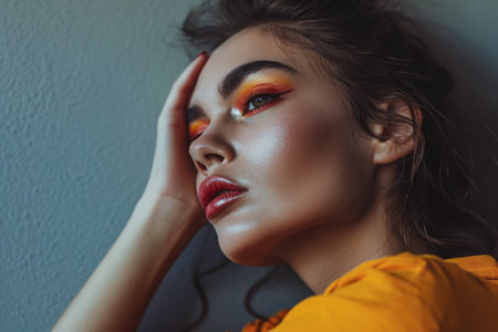 Hyperrealistic portrait of a young woman with copyspace for textの素材