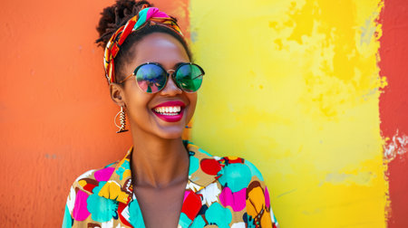 Portrait of a young woman on holidays with a vibrant backgroundの素材