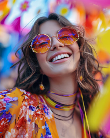 Portrait of a young woman on holidays with a vibrant backgroundの素材