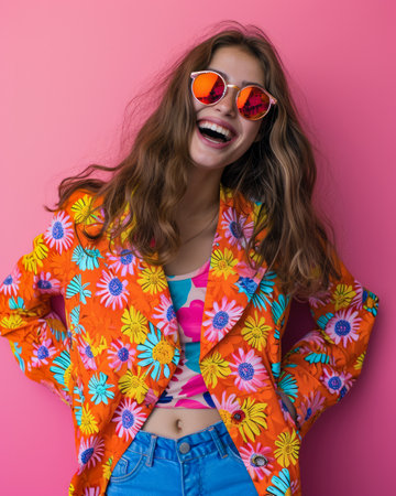 Portrait of a young woman on holidays with a vibrant backgroundの素材