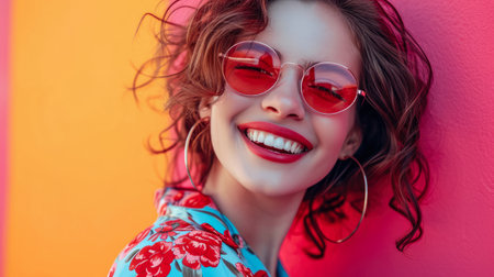 Portrait of a young woman on holidays with a vibrant backgroundの素材