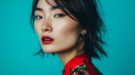 Young Asian woman portrait with a turquoise background with copyspaceの素材