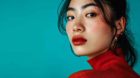 Young Asian woman portrait with a turquoise background with copyspaceの素材