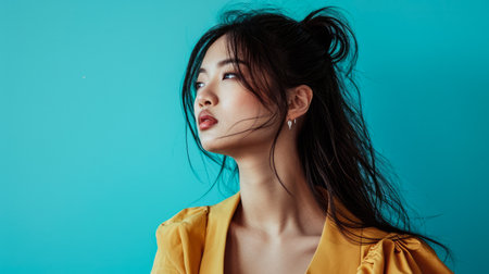 Young Asian woman portrait with a turquoise background with copyspaceの素材