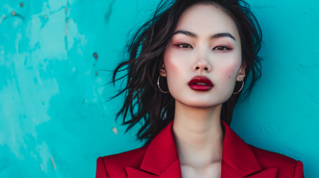 Young Asian woman portrait with a turquoise background with copyspaceの素材