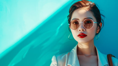 Young Asian woman portrait with a turquoise background with copyspaceの素材