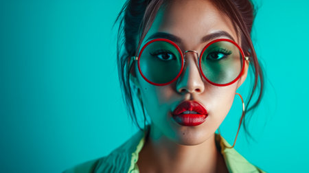 Young Asian woman portrait with a turquoise background with copyspaceの素材