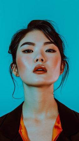 Young Asian woman portrait with a turquoise background with copyspaceの素材